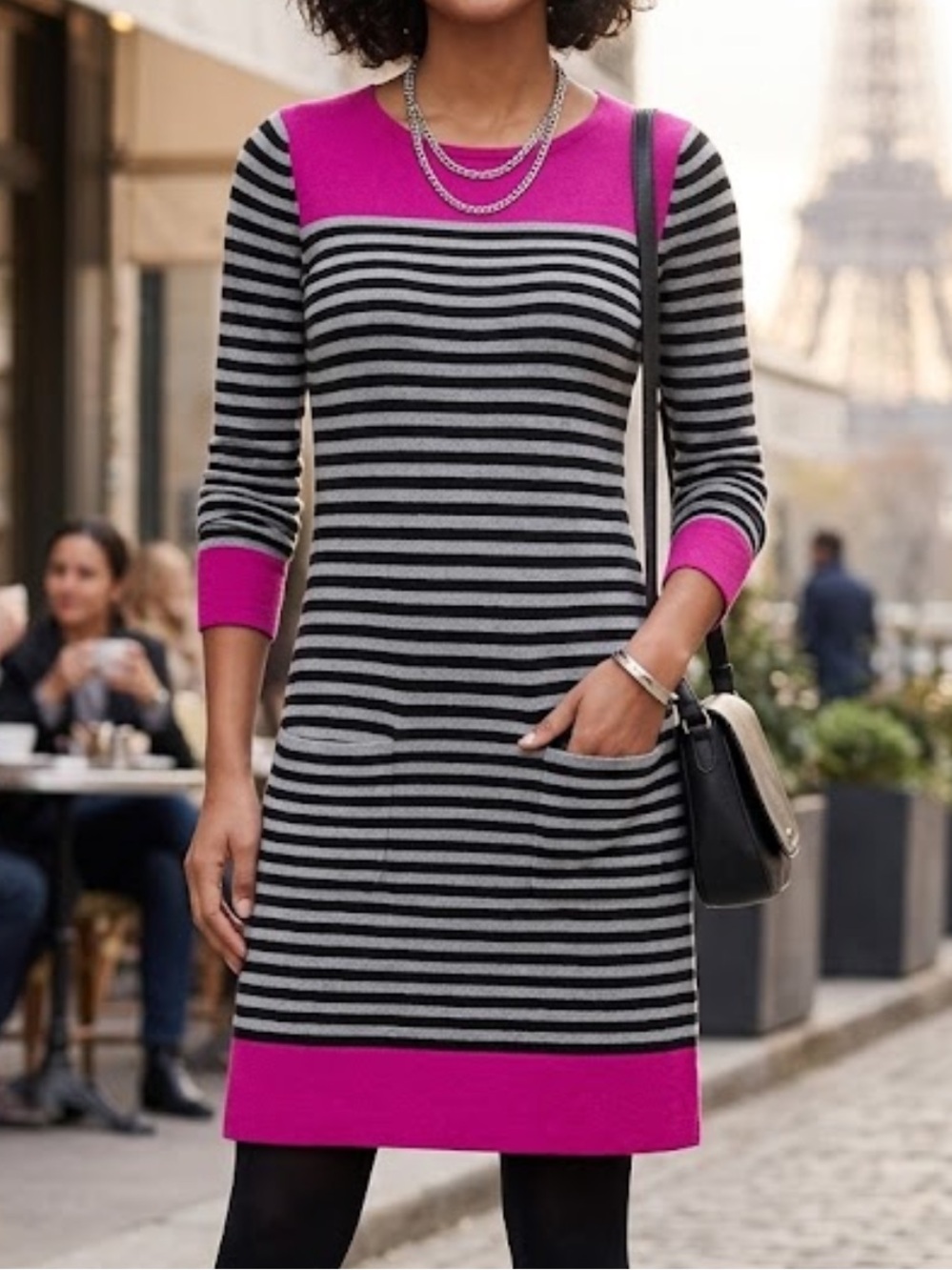 Eliza J Striped Knit Long Sleeve shift Sweater Dress Pockets Gray Black Pink XL